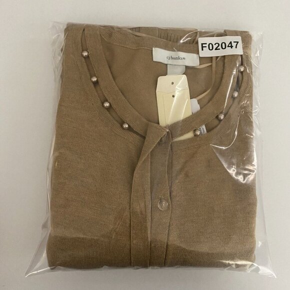 CJ Banks Cardigan Sweater Size 2X Tan Pearl Neckline Detail Button Up - Picture 11 of 11